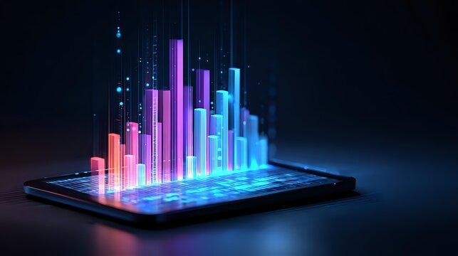 Colorful bar graph on a smartphone screen data visualization with glowing effects for business analytics and mobile app presentations
