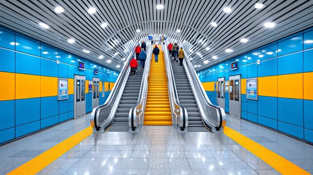 People riding escalators in modern subway station