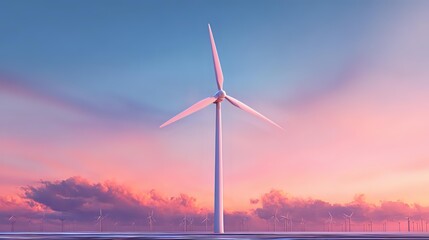 Wind turbine at sunset generating clean renewable energy against a colorful sky with clouds for sustainable power and environmental awareness