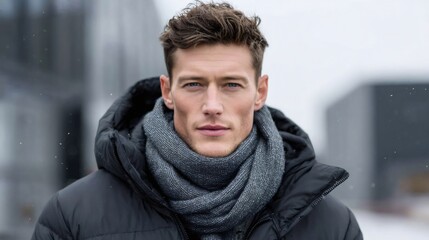 Handsome man wearing winter puffy jacket, gray scarf