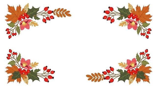 Vibrant autumn corner decorations featuring lush foliage, bright berries, and delicate blossoms, perfect for festive seasonal greetings and elegant design frames