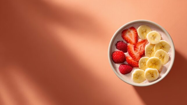 134. plant-based smoothie bowl top view, vibrant fruits, cool modern vibe, golden hour tone, clean background for typography, ideal for online ads