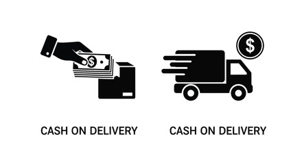 Cash on delivery hand exchanging money for goods with a delivery truck