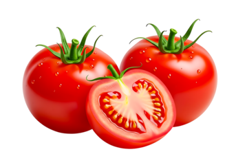 Fresh ripe red tomatoes, whole and sliced, dewy, with water drops isolated on transparent background