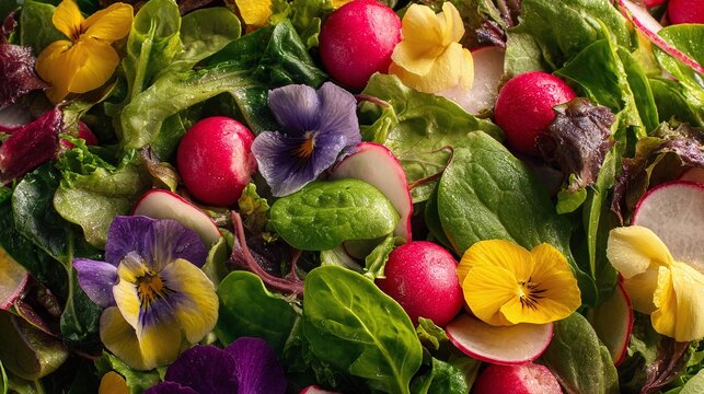 Fresh garden salad with edible flowers and vibrant radishes, a delightful mix of colors and textures! A healthy and delicious culinary creation.