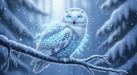 Enchanting Snowy Owl with Electrifying Aura Perched on a Frosty Branch in a Winter Wonderland