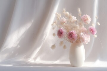 54. pastel bouquet on white table, advertising mood, gentle key and fill light, minimal composition, ideal for online ads