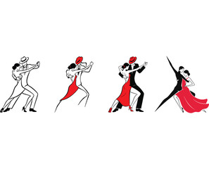 Four couples dancing tango, performing different poses and wearing elegant attire