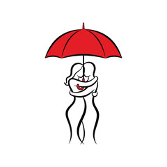 Couple hugging under a red umbrella, a symbol of love and protection