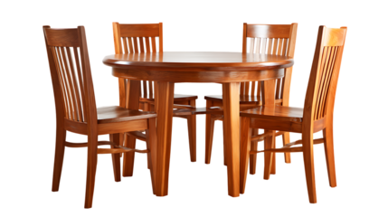 A classic wooden dining table with four chairs isolated on transparent background