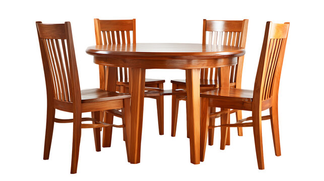 A classic wooden dining table with four chairs isolated on transparent background