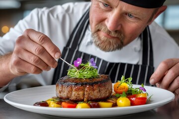 Chef plating gourmet beef steak with edible flowers