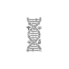 Intricate black line art of a DNA double helix formed by various medical and science icons.