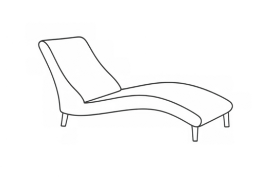 Lounge chair line art for relaxation and outdoor leisure, outline drawing on transparent background