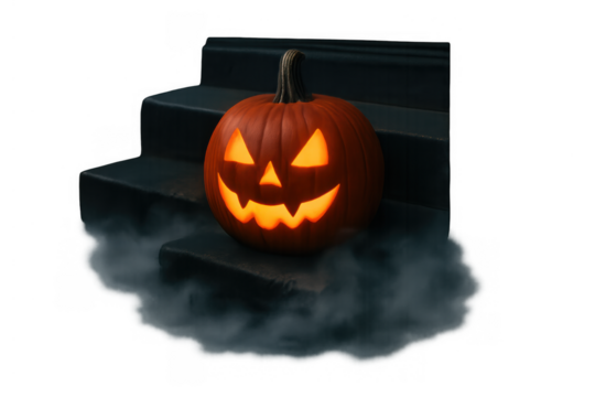Jack-o'-lantern glowing ominously on dark stairs with spooky fog for halloween celebrations and autumn horror theme