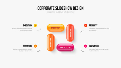 Corporate Showcase Four Option Infographic Presentation Design. Consulting Insight 4 Step Diagram Slideshow Layout. Professional Performance Frame Template Vector Illustration.