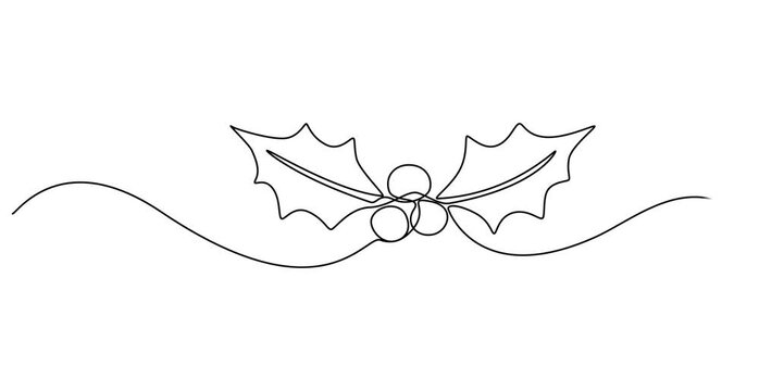 Christmas plant in continuous line drawing style. Line art of holly leaves with berry. Vector illustration. Abstract background, Christmas plant in continuous line drawing style. Line art of holly