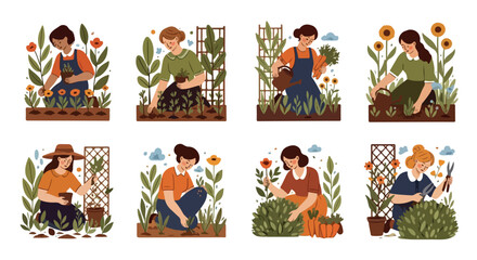 Women gardening flowers and vegetables in a garden