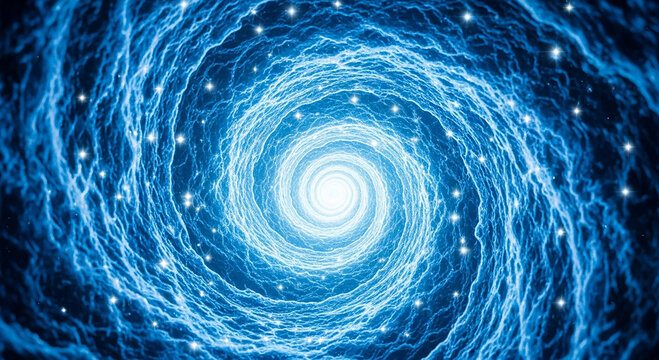 Abstract blue light vortex with swirling ethereal particles, a cosmic whisk of dynamic energy creating a mesmerizing tunnel effect, symbolizing innovation