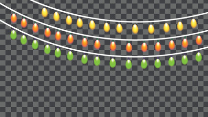 Vibrant festive string lights illustration with yellow, orange, and green bulbs for holiday celebration