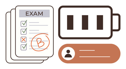 Exam papers marked with a grade, low battery icon signifying exhaustion, and user profile. Ideal for education, exams, fatigue, productivity, student life evaluation and analytics. A simple flat
