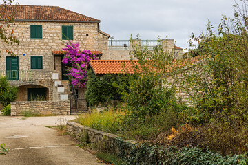 Charming Stone Village Street With Purple Bougainvillea Climbing Walls And Quiet Pathway Under Blue Sky Old Buildings, Grohote, Solta