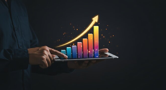 Business growth chart with upward arrow on tablet, representing financial success and positive trend