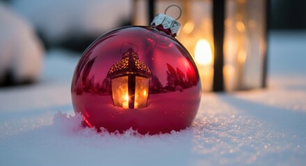 Red Christmas Ornament Reflecting a Lantern in Snow