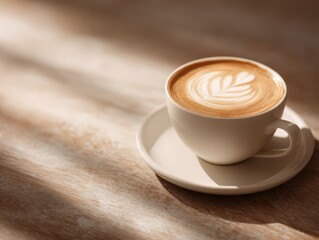 Obraz premium 467. coffee cup with latte art on clean wooden table, premium look, golden hour tone, ample space for text, ideal for commercial use