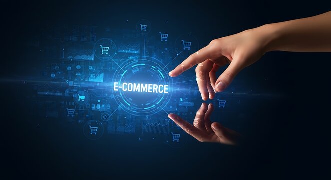 A hand touches the glowing blue ecommerce button on a futuristic digital interface with shopping cart icons, symbolizing online shopping and digital business