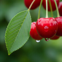 Succulent red cherries, glistening with fresh water droplets, hanging from a vibrant green branch with a lush leaf, embodying natural sweetness and healthy seasonal produce