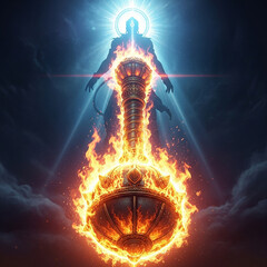 The divine wrath of a celestial deity, manifested as a colossal burning mace descending from the heavens with immense power