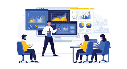 Business presentation with charts and graphs on a large screen a speaker and audience in a modern office setting