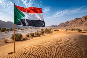 Sudan flag waving in desert landscape with mountains