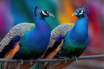 Obraz premium Vibrant peacocks perched together in a colorful urban environment during the daytime