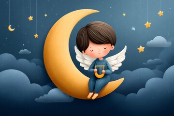 Fototapeta premium Little angel boy playing harp on crescent moon