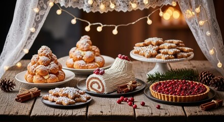 Naklejka premium Festive Holiday Dessert Platter Celebration with Sweet Treats and Decorations