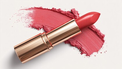 Glossy Red Pink Lipstick On White Background: Cosmetic Product Swatch Displaying Ure Ure Formula. Bright And Vibrant Lip Color Evaluation.