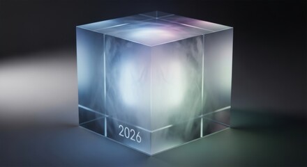 Translucent Cube with Glowing Sphere and Year 2026