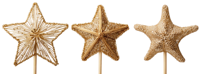Three light beige starfish shaped decorations with wooden sticks