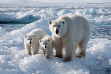 Polar bears and cubs exploring arctic ice in a serene landscape near the ocean