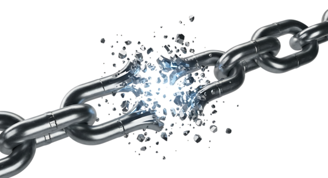 Broken metal chain isolated on transparent background, symbolizing weakness, failure, or a break in a system or relationship