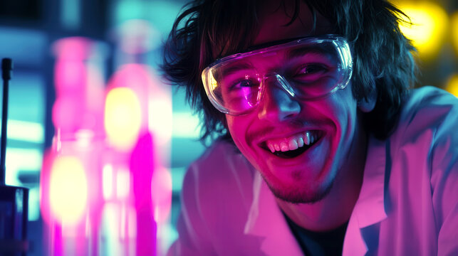 Crazy man scientist in protective glasses with disheveled hair and expressive energetic face. Blurred cyber background with neon glowing lab instruments.