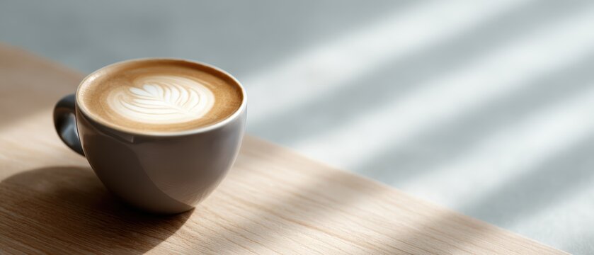 107. coffee cup with latte art on clean wooden table, clean aesthetic, soft diffused glow, minimal composition, brand-safe, no logos - Powered by Adobe