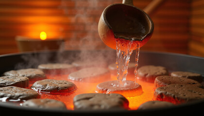Water pouring on hot stones creating relaxing steam for a traditional sauna wellness ritual 