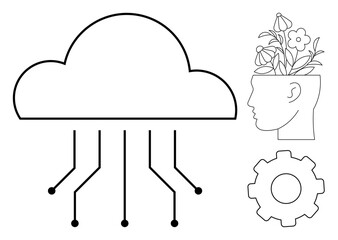 Cloud with connecting lines, human head growing flowers, and gear. Ideal for technology, innovation, nature, collaboration, creativity growth sustainability. Simple flat metaphor