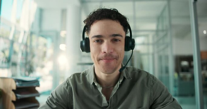 Face, man and wave in office with video call for insurance advice, policy or benefits discussion. Person, greeting or online meeting POV for financial service sale, market survey faq or conversation.