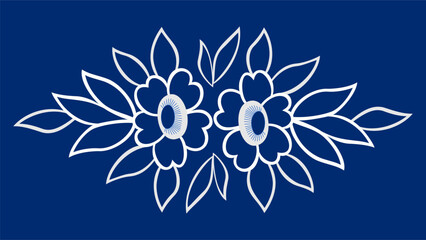 Grannys white lacy with flowers and leaves. Monochrome flowers design element. Vintage embroidery white floral motif on blue background