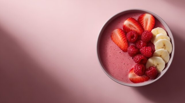 134. plant-based smoothie bowl top view, vibrant fruits, cool modern vibe, golden hour tone, clean background for typography, ideal for online ads