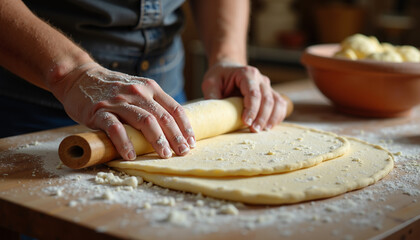 Man focused on rolling dough with flour on a kitchen table